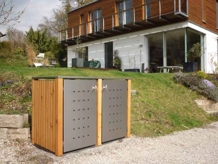 2er Mülltonnenbox Lärche Edelstahltür Flachdach