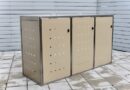 3er Mülltonnenbox Edelstahl ECO-MAX beige Klappdach offen