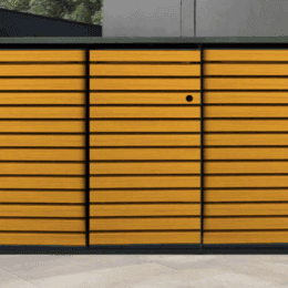 3er Mülltonnenbox Metall mit Holz-Schiebetüren