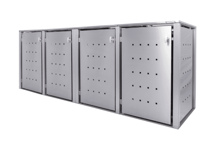 4er Edelstahl Mülltonnenbox zur sicheren Aufbewahrung, wetterfest und robust.