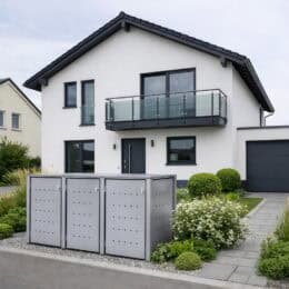 Hochwertige Mülltonnenbox aus Edelstahl schützt Abfallbehälter vor Witterung und Blicken, ideal für moderne Einfamilienhäuser. Perfekt für saubere und ordentliche Außenbereiche.
